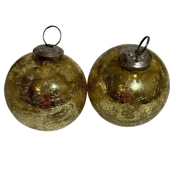 Unbranded Other - Antique German Gold Mercury Crackle Glass Kugel Christmas Ornament Ball Set Of 2